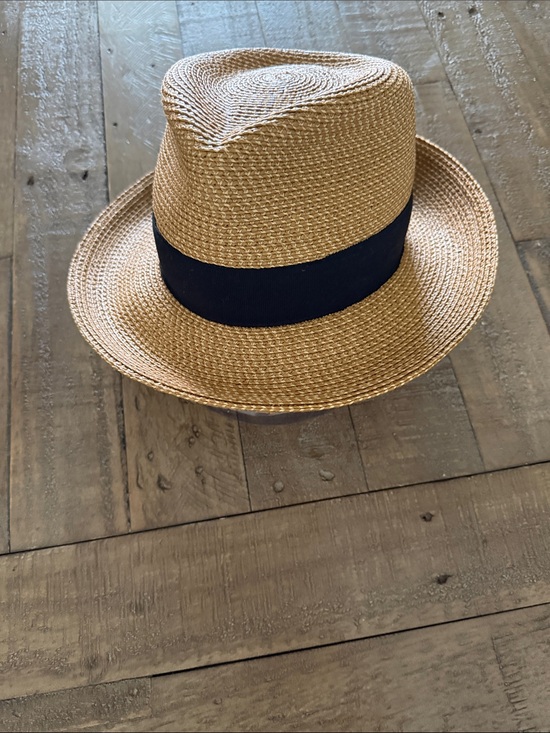 Eric Javits Straw Fedora in Tan with Black Band and Gold EJ Accent main image 4